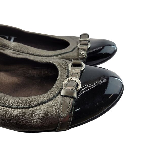 AGL Cap Toe Ballet Flats Womens 8 38 Gray Black Leather Patent Buckle Italy - Picture 3 of 13